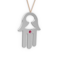 Fatma'nın (Hamsa) Eli Kolye - Rodolit garnet 14 ayar beyaz altın kolye (40 cm rose altın rolo zincir) #155p3j4