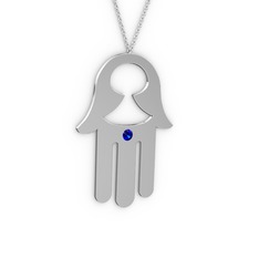 Fatma'nın (Hamsa) Eli Kolye - Lab safir 8 ayar beyaz altın kolye (40 cm gümüş rolo zincir) #16l1u1n