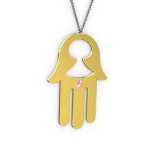 Fatma'nın (Hamsa) Eli Kolye - Pembe kuvars 18 ayar altın kolye (40 cm gümüş rolo zincir) #18na7nq