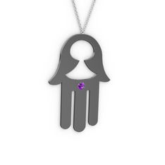 Fatma'nın (Hamsa) Eli Kolye - Ametist 925 ayar siyah rodyum kaplama gümüş kolye (40 cm beyaz altın rolo zincir) #1dkdvx6