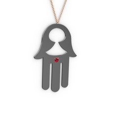 Fatma'nın (Hamsa) Eli Kolye - Garnet 925 ayar siyah rodyum kaplama gümüş kolye (40 cm gümüş rolo zincir) #1dlaay3