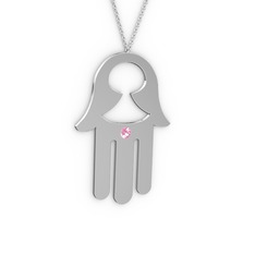 Fatma'nın (Hamsa) Eli Kolye - Pembe kuvars 8 ayar beyaz altın kolye (40 cm beyaz altın rolo zincir) #1m6hmqh