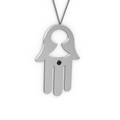 Fatma'nın (Hamsa) Eli Kolye - Siyah zirkon 18 ayar beyaz altın kolye (40 cm gümüş rolo zincir) #1m6neq3