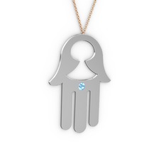 Fatma'nın (Hamsa) Eli Kolye - Akuamarin 14 ayar beyaz altın kolye (40 cm rose altın rolo zincir) #1n4osm2
