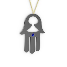 Fatma'nın (Hamsa) Eli Kolye - Lab safir 925 ayar siyah rodyum kaplama gümüş kolye (40 cm altın rolo zincir) #1oi3kgx