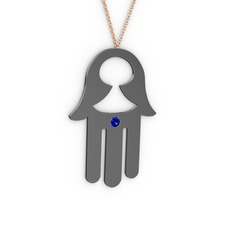 Fatma'nın (Hamsa) Eli Kolye - Lab safir 925 ayar siyah rodyum kaplama gümüş kolye (40 cm rose altın rolo zincir) #1p8jjpq