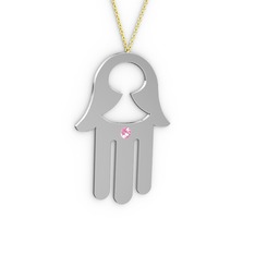 Fatma'nın (Hamsa) Eli Kolye - Pembe kuvars 14 ayar beyaz altın kolye (40 cm altın rolo zincir) #1r585lz