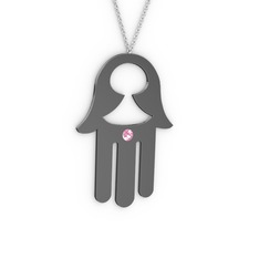 Fatma'nın (Hamsa) Eli Kolye - Pembe kuvars 925 ayar siyah rodyum kaplama gümüş kolye (40 cm gümüş rolo zincir) #1r7gpbe