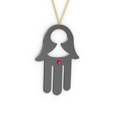 Fatma'nın (Hamsa) Eli Kolye - Rodolit garnet 925 ayar siyah rodyum kaplama gümüş kolye (40 cm altın rolo zincir) #1tzw79u