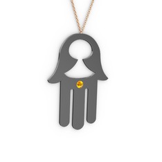 Fatma'nın (Hamsa) Eli Kolye - Sitrin 925 ayar siyah rodyum kaplama gümüş kolye (40 cm gümüş rolo zincir) #1vlkiiq