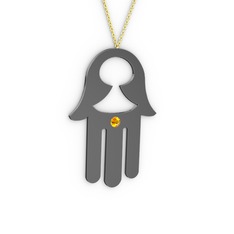 Fatma'nın (Hamsa) Eli Kolye - Sitrin 925 ayar siyah rodyum kaplama gümüş kolye (40 cm altın rolo zincir) #1xljsq1