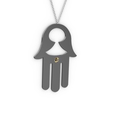 Fatma'nın (Hamsa) Eli Kolye - Dumanlı kuvars 925 ayar siyah rodyum kaplama gümüş kolye (40 cm beyaz altın rolo zincir) #6buoly