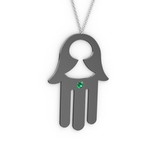 Fatma'nın (Hamsa) Eli Kolye - Yeşil kuvars 925 ayar siyah rodyum kaplama gümüş kolye (40 cm beyaz altın rolo zincir) #d86ugc