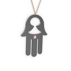 Fatma'nın (Hamsa) Eli Kolye - Pembe kuvars 925 ayar siyah rodyum kaplama gümüş kolye (40 cm rose altın rolo zincir) #i8ljw8