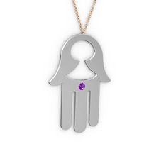 Fatma'nın (Hamsa) Eli Kolye - Ametist 8 ayar beyaz altın kolye (40 cm gümüş rolo zincir) #l9xz3r