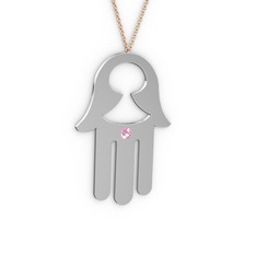Fatma'nın (Hamsa) Eli Kolye - Pembe kuvars 18 ayar beyaz altın kolye (40 cm gümüş rolo zincir) #o9ap4t