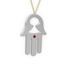 Fatma'nın (Hamsa) Eli Kolye - Garnet 14 ayar beyaz altın kolye (40 cm altın rolo zincir) #ug27r3