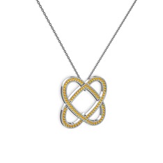 Taşlı Çift Kalp Kolye - Sitrin 8 ayar beyaz altın kolye (40 cm gümüş rolo zincir) #10e24x