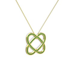 Taşlı Çift Kalp Kolye - Yeşil kuvars 14 ayar altın kolye (40 cm gümüş rolo zincir) #11stvjs