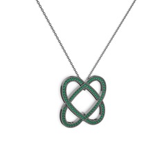 Taşlı Çift Kalp Kolye - Yeşil kuvars 925 ayar siyah rodyum kaplama gümüş kolye (40 cm gümüş rolo zincir) #1th8676