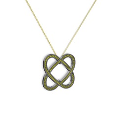 Taşlı Çift Kalp Kolye - Peridot 925 ayar siyah rodyum kaplama gümüş kolye (40 cm altın rolo zincir) #6mdble