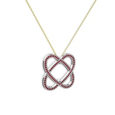 Taşlı Çift Kalp Kolye - Garnet 8 ayar beyaz altın kolye (40 cm gümüş rolo zincir) #75c71x