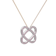 Taşlı Çift Kalp Kolye - Pembe kuvars 8 ayar beyaz altın kolye (40 cm rose altın rolo zincir) #97f5hh