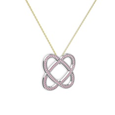 Taşlı Çift Kalp Kolye - Pembe kuvars 14 ayar beyaz altın kolye (40 cm altın rolo zincir) #zflgiz
