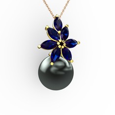 Kar Çiçeği İnci Kolye - Siyah inci ve lab safir 8 ayar altın kolye (40 cm gümüş rolo zincir) #101o7c7