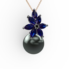 Kar Çiçeği İnci Kolye - Siyah inci ve lab safir 925 ayar siyah rodyum kaplama gümüş kolye (40 cm rose altın rolo zincir) #10hnjr6