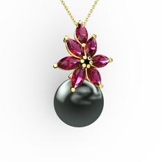 Kar Çiçeği İnci Kolye - Siyah inci ve rodolit garnet 18 ayar altın kolye (40 cm altın rolo zincir) #10tslko