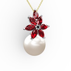 Kar Çiçeği İnci Kolye - Inci ve garnet 18 ayar beyaz altın kolye (40 cm altın rolo zincir) #11lbbls
