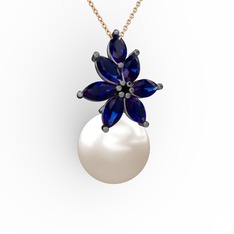 Inci ve lab safir 925 ayar siyah rodyum kaplama gümüş kolye (40 cm rose altın rolo zincir)