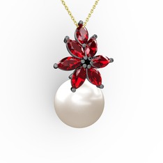 Kar Çiçeği İnci Kolye - Inci ve garnet 925 ayar siyah rodyum kaplama gümüş kolye (40 cm gümüş rolo zincir) #11tpxc8