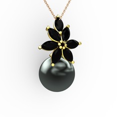 Kar Çiçeği İnci Kolye - Siyah inci ve siyah zirkon 18 ayar altın kolye (40 cm rose altın rolo zincir) #12060et