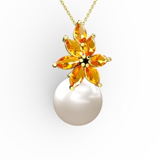 Kar Çiçeği İnci Kolye - Inci ve sitrin 18 ayar altın kolye (40 cm gümüş rolo zincir) #1213rkm