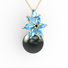Kar Çiçeği İnci Kolye - Siyah inci ve akuamarin 14 ayar altın kolye (40 cm gümüş rolo zincir) #12ixnp1