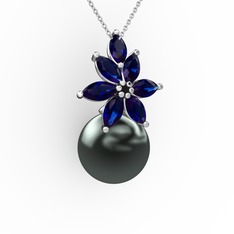 Kar Çiçeği İnci Kolye - Siyah inci ve lab safir 925 ayar gümüş kolye (40 cm gümüş rolo zincir) #12n4ala