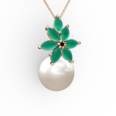 Kar Çiçeği İnci Kolye - Inci ve kök zümrüt 14 ayar rose altın kolye (40 cm gümüş rolo zincir) #12sdlyv