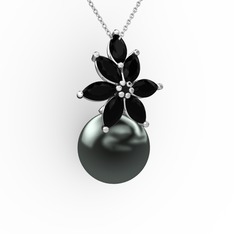 Kar Çiçeği İnci Kolye - Siyah inci ve siyah zirkon 8 ayar beyaz altın kolye (40 cm gümüş rolo zincir) #12y7x02