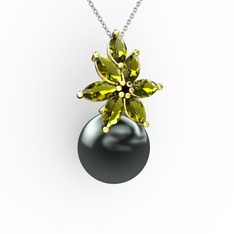 Kar Çiçeği İnci Kolye - Siyah inci ve peridot 925 ayar altın kaplama gümüş kolye (40 cm gümüş rolo zincir) #1335ld3