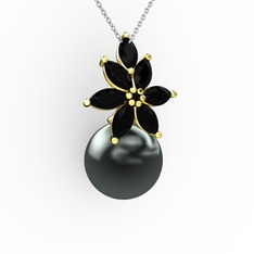 Kar Çiçeği İnci Kolye - Siyah inci ve siyah zirkon 925 ayar altın kaplama gümüş kolye (40 cm beyaz altın rolo zincir) #13a48ko