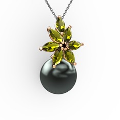 Kar Çiçeği İnci Kolye - Siyah inci ve peridot 925 ayar rose altın kaplama gümüş kolye (40 cm gümüş rolo zincir) #13zp3x0
