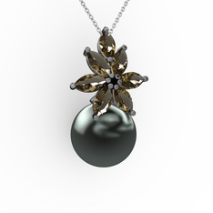 Kar Çiçeği İnci Kolye - Siyah inci ve dumanlı kuvars 925 ayar siyah rodyum kaplama gümüş kolye (40 cm gümüş rolo zincir) #144f2yu