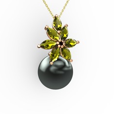 Kar Çiçeği İnci Kolye - Siyah inci ve peridot 8 ayar rose altın kolye (40 cm gümüş rolo zincir) #14umoau