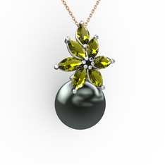 Kar Çiçeği İnci Kolye - Siyah inci ve peridot 18 ayar beyaz altın kolye (40 cm rose altın rolo zincir) #14utisl