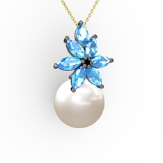 Kar Çiçeği İnci Kolye - Inci ve akuamarin 925 ayar siyah rodyum kaplama gümüş kolye (40 cm gümüş rolo zincir) #14vgi3t