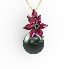 Kar Çiçeği İnci Kolye - Siyah inci ve rodolit garnet 925 ayar siyah rodyum kaplama gümüş kolye (40 cm altın rolo zincir) #14yhrom