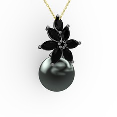 Kar Çiçeği İnci Kolye - Siyah inci ve siyah zirkon 925 ayar siyah rodyum kaplama gümüş kolye (40 cm altın rolo zincir) #15mhnmp