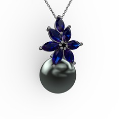 Kar Çiçeği İnci Kolye - Siyah inci ve lab safir 925 ayar siyah rodyum kaplama gümüş kolye (40 cm gümüş rolo zincir) #163l59p